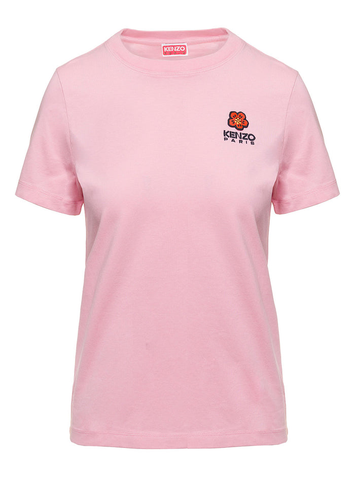 Pink Crewneck T-Shirt With Logo Embroidery Cotton Woman Tshirts And Polo Shirts