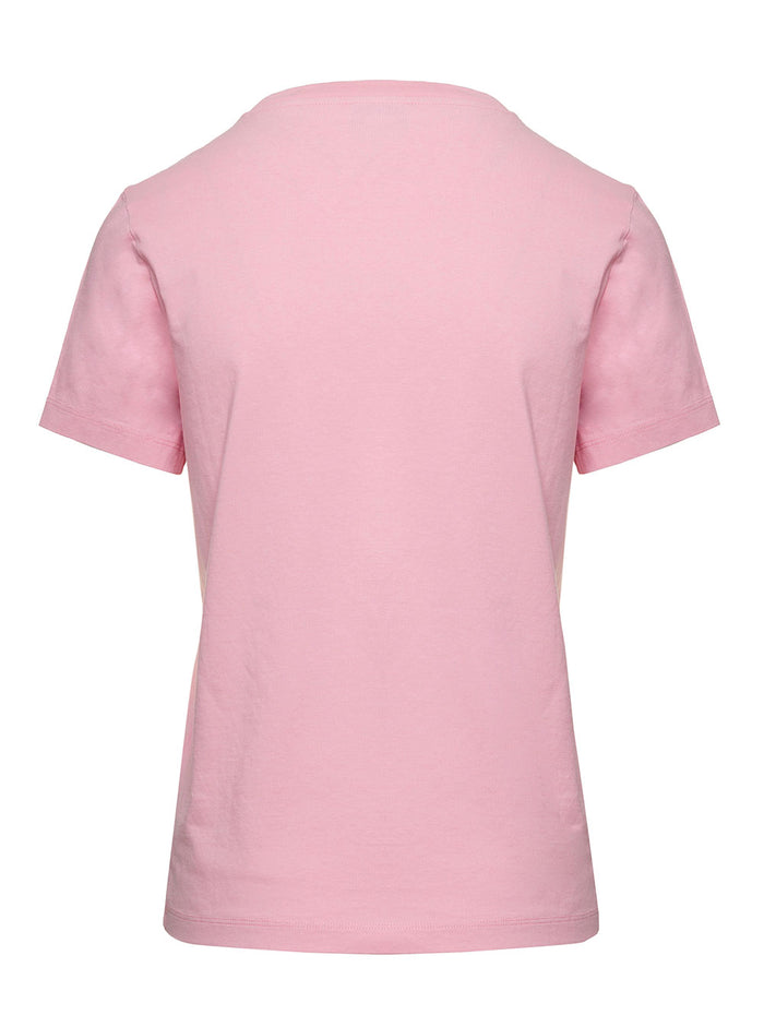 Pink Crewneck T-Shirt With Logo Embroidery Cotton Woman Tshirts And Polo Shirts