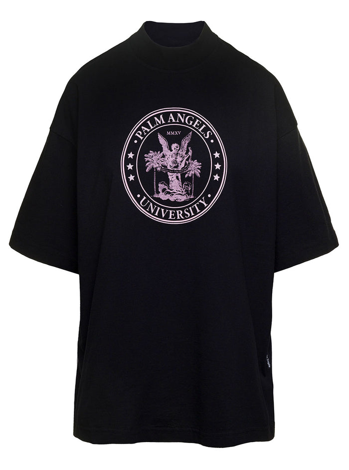 Crewneck T-Shirt With Logo Print On The Chest Black Cotton Woman Tshirts And Polo Shirts