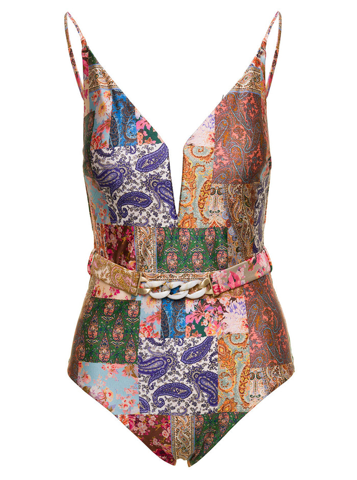 Multicolor Swimsuit With All-Over Paisley Motif And Belt Stretch Polyamide Woman Polyammide Elastan Beachwear