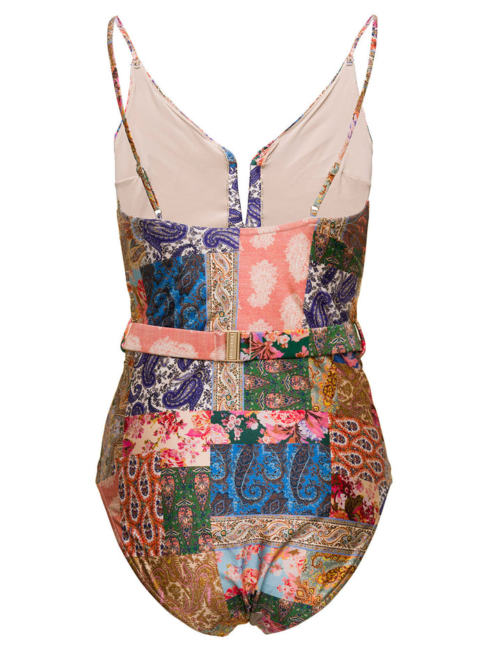 Multicolor Swimsuit With All-Over Paisley Motif And Belt Stretch Polyamide Woman Polyammide Elastan Beachwear