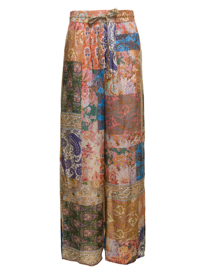 Devi Multicolor Relaxed Pants With Drawstring And Paisley Print Silk Woman Trousers