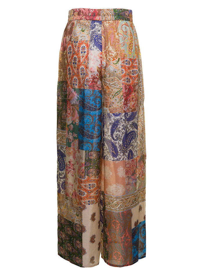 Devi Multicolor Relaxed Pants With Drawstring And Paisley Print Silk Woman Trousers