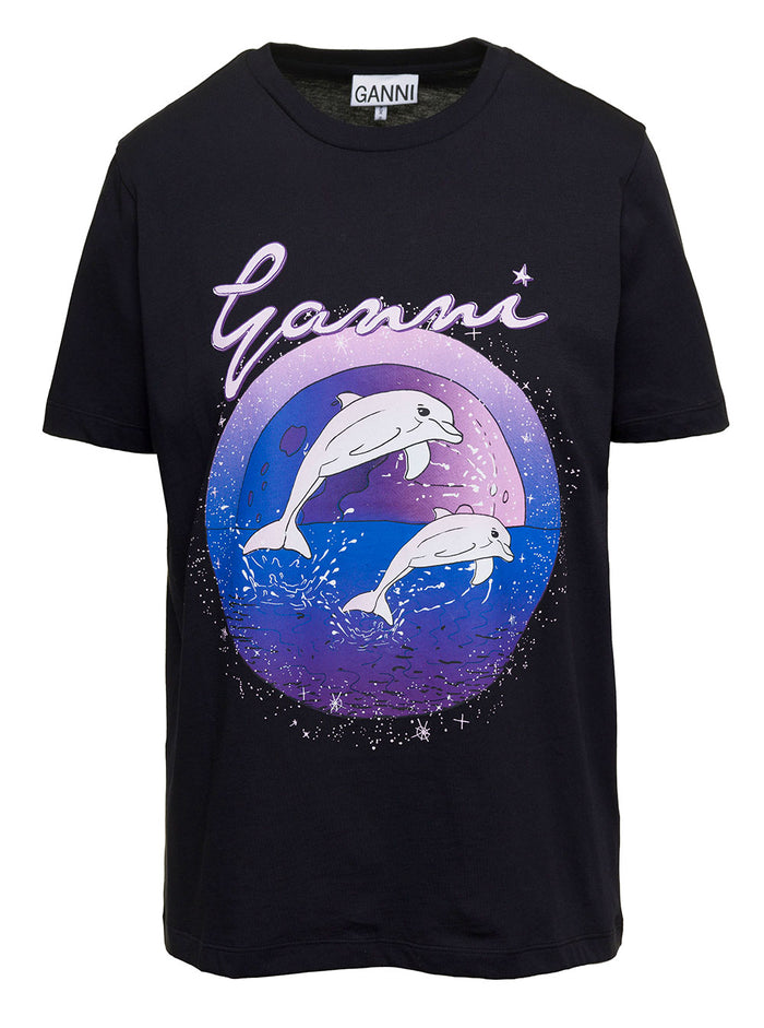 Black T-Shirt With Dolphin Graphic Print Cotton Woman Organic Tshirts And Polo Shirts