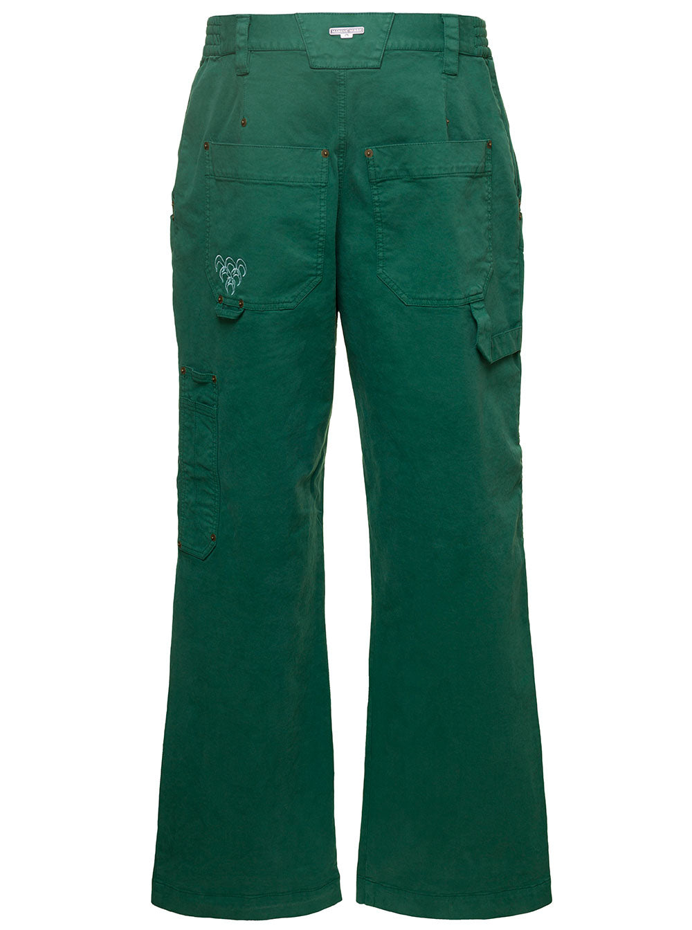 Green Wide Leg Jeans With Contrasting Logo Embroidery Stretch Cotton Denim Woman Elastane Trousers
