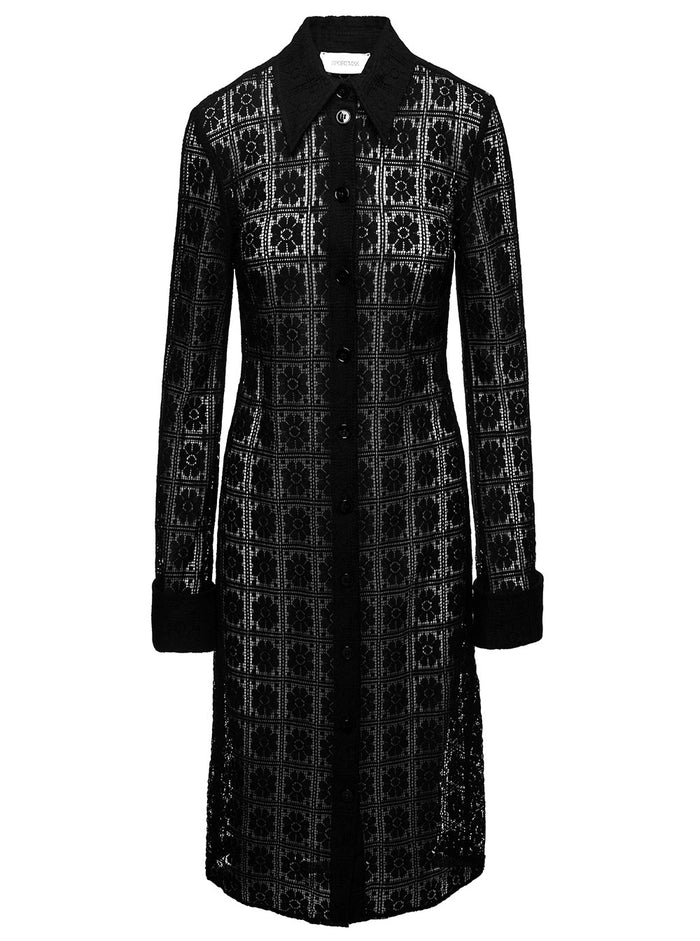 Black Long Chemisier Dress With Classic Collar Lace Woman Cotton Polyammide