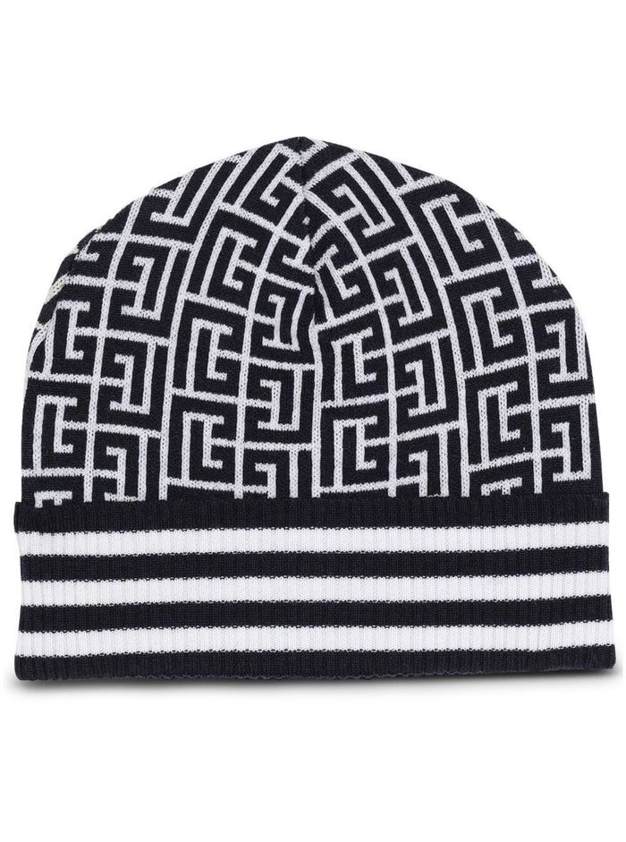 Black And White Beanie With Jacquard Monogram Wool Man Hats Gloves