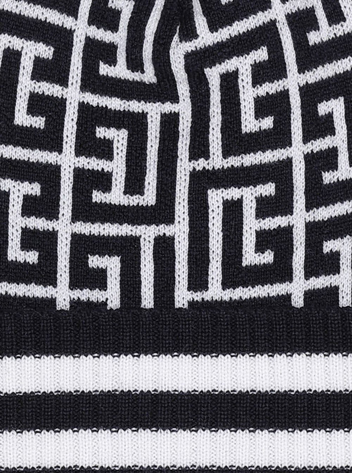 Black And White Beanie With Jacquard Monogram Wool Man Hats Gloves