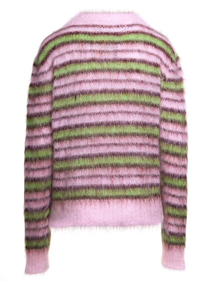 Pink Crewneck Striped Sweater Brushed Mohair Woman Jersey