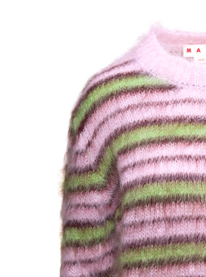 Pink Crewneck Striped Sweater Brushed Mohair Woman Jersey