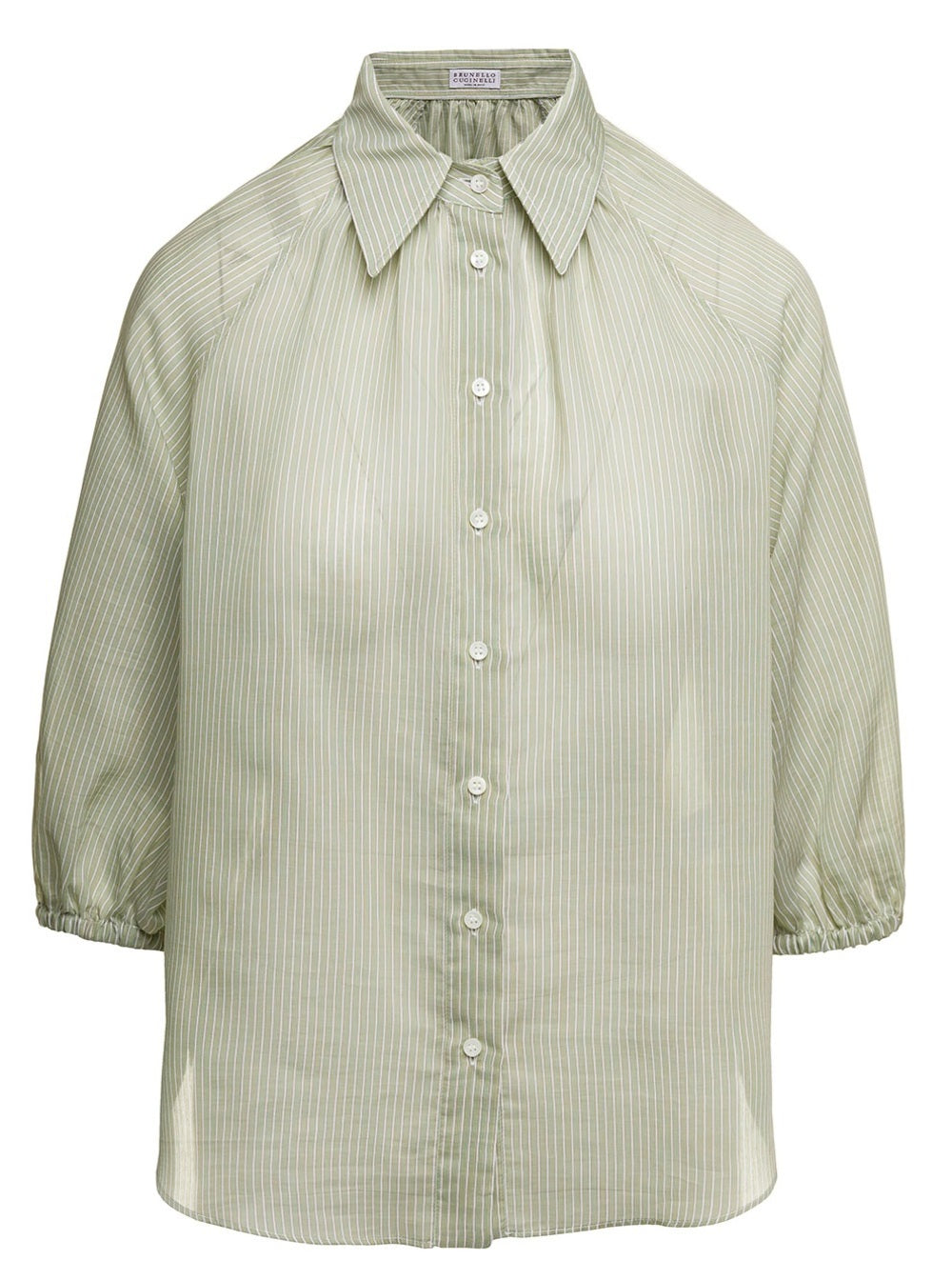 Green Striped Loose Shirt With Three-Quarter Sleeves Cotton And Silk Blend Woman Blouses