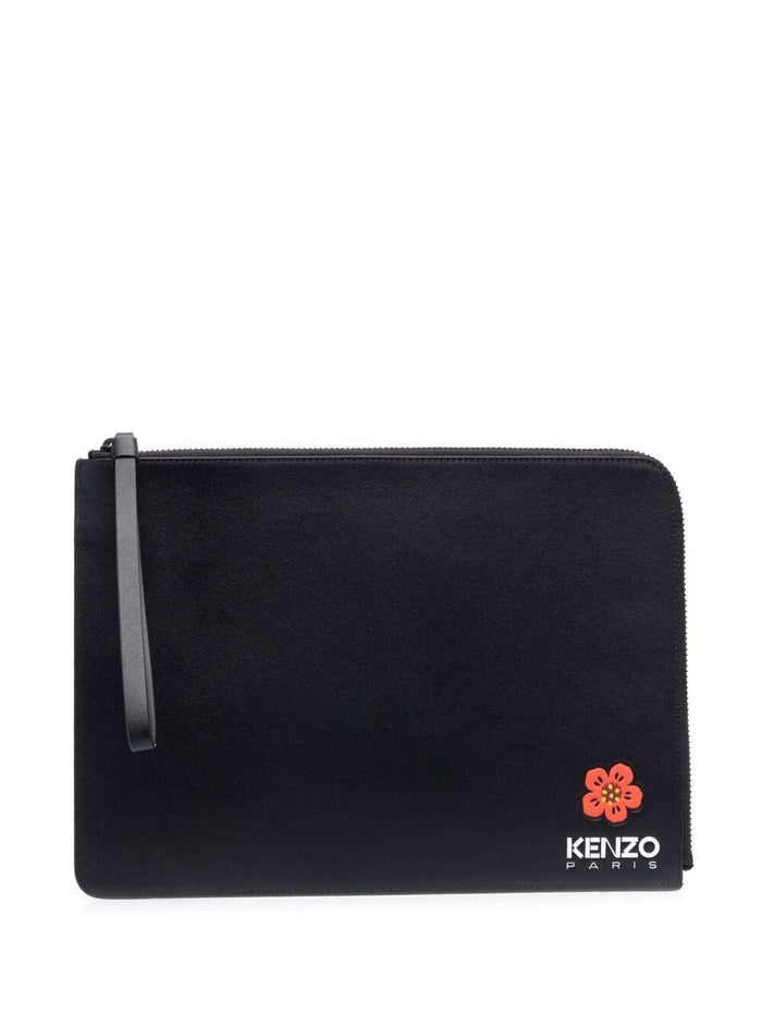 Black Clutch Bag With Logo Patch And Wrist Strap Leather Man Cow Clutches Pochettes