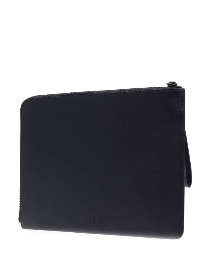 Black Clutch Bag With Logo Patch And Wrist Strap Leather Man Cow Clutches Pochettes