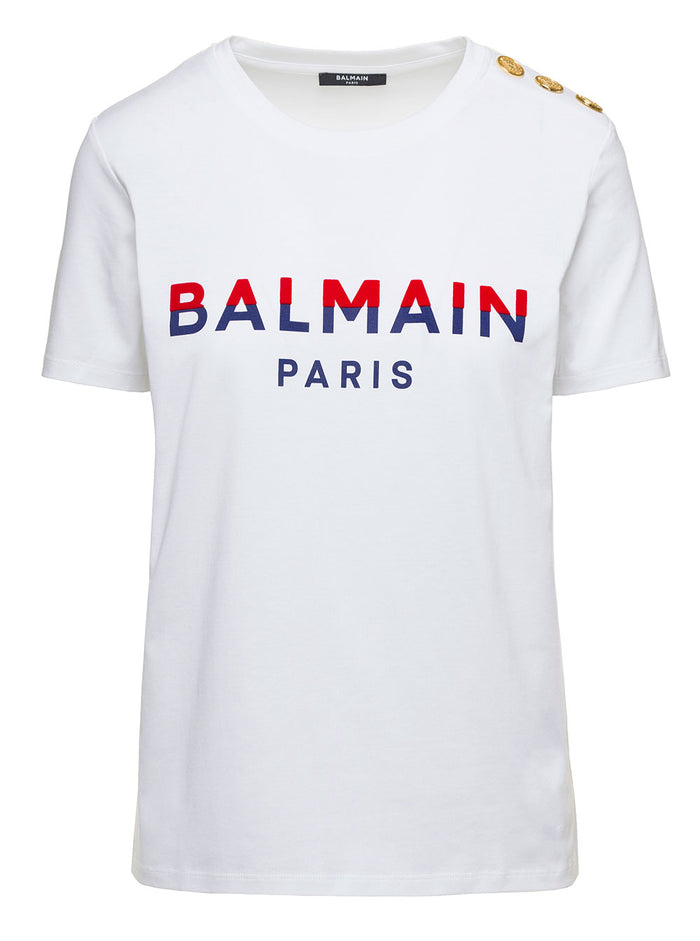 White T-Shirt With Bi-Logo Print And Branded Buttons Cotton Woman Organic Tshirts Polo Shirts
