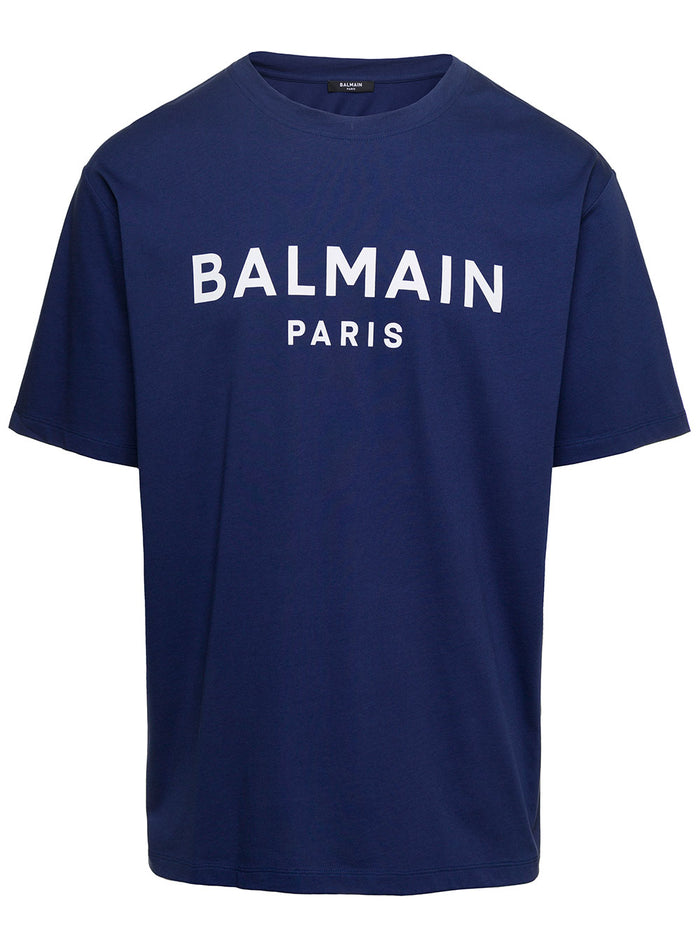 Blue Crewneck T-Shirt With Contrasting Logo Print Cotton Man Blu Tshirts And Polo Shirts