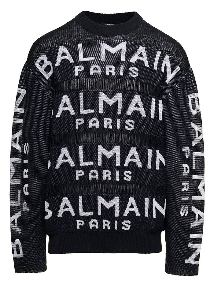 Black Long Sleeve Sweater With Intarsia Logo Cotton Blend Man Polyamide Jersey