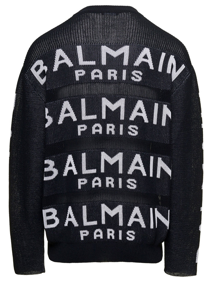 Black Long Sleeve Sweater With Intarsia Logo Cotton Blend Man Polyamide Jersey