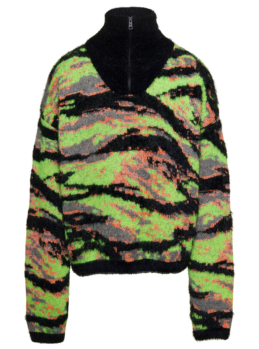 Green High Neck Sweater With All-Over Jacquard Graphic Pattern Wool And Cotton Blend Jersey