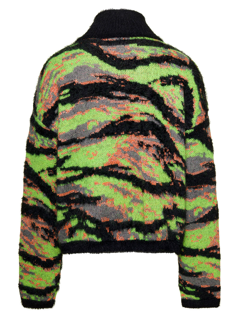 Green High Neck Sweater With All-Over Jacquard Graphic Pattern Wool And Cotton Blend Jersey