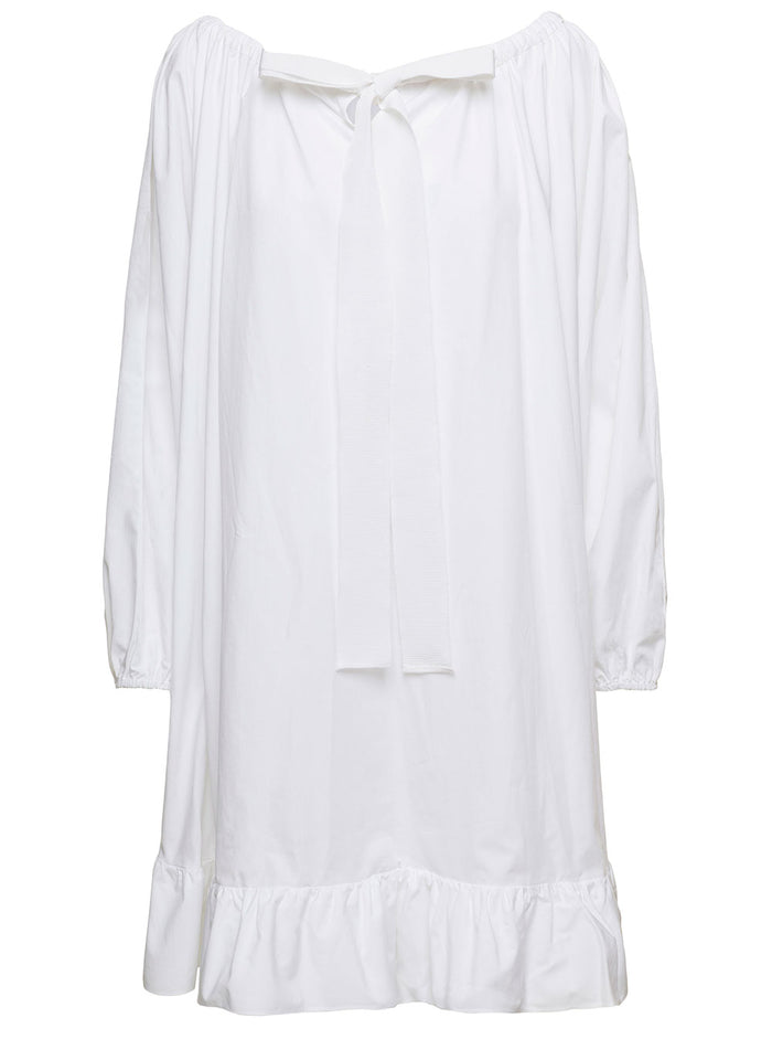 Mini White Frill Dress With Bow Detail Cotton Woman