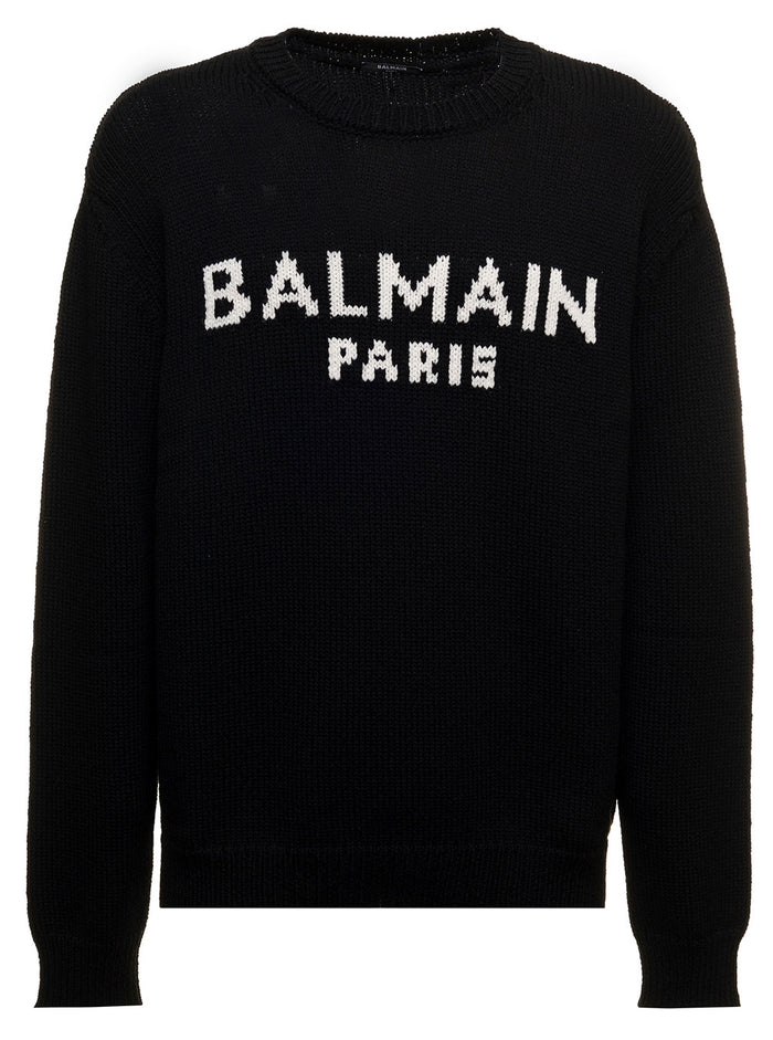 Balmain Mans Black Merino Wool Crew Neck Sweater With Logo Polyamide Jersey