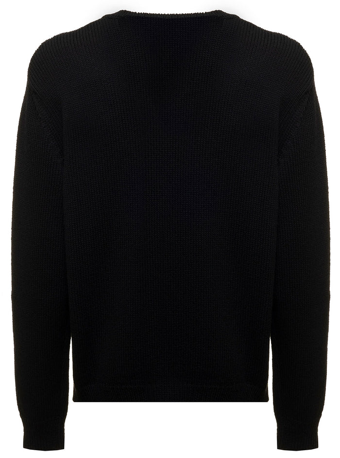 Balmain Mans Black Merino Wool Crew Neck Sweater With Logo Polyamide Jersey