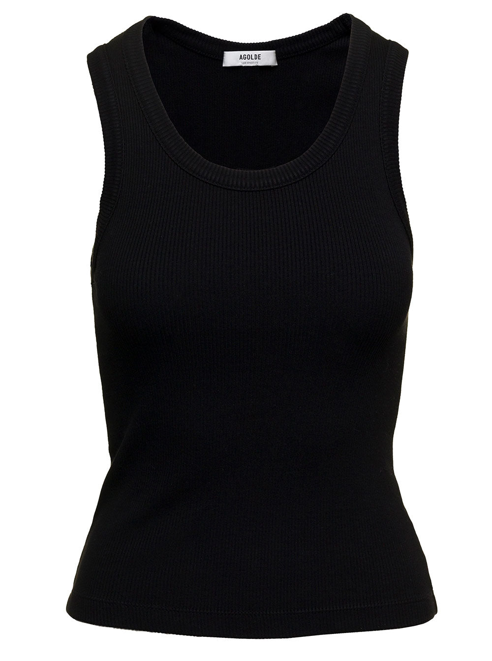 Black Ribbed Tank Top With U Neckline Cotton Blend Woman