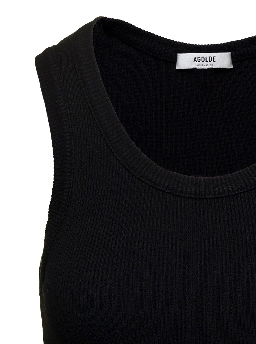 Black Ribbed Tank Top With U Neckline Cotton Blend Woman