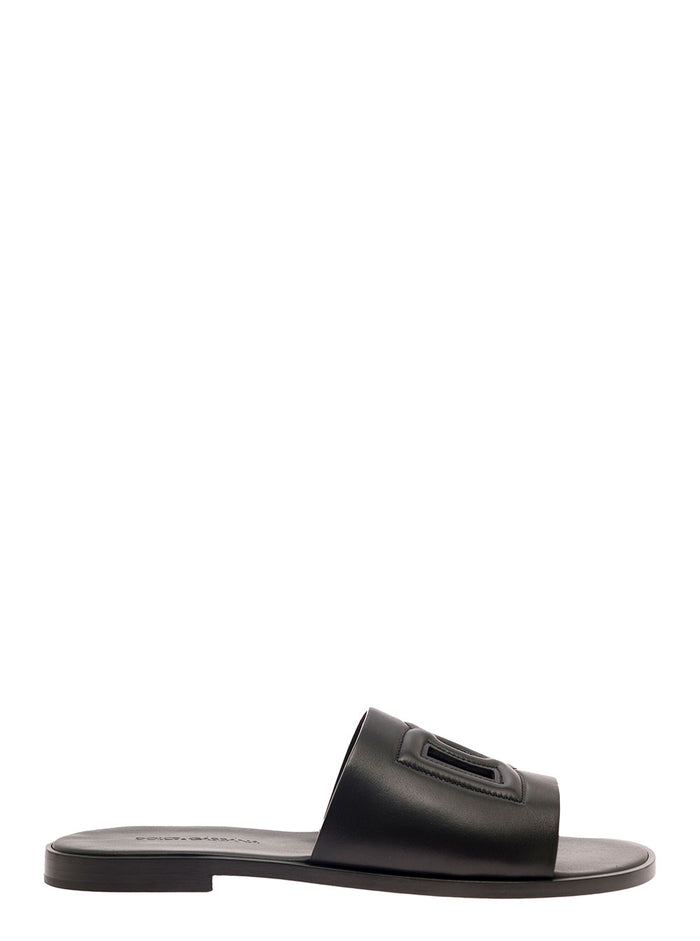 Black Sandals With Dg Logo Cut-Out Leather Man Calf Flat Shoes