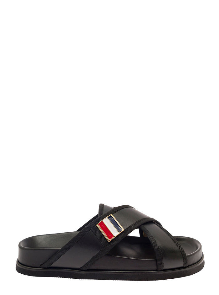 Criss Cross Strap Sandals With Logo Black Leather Man Calf Flat Shoes