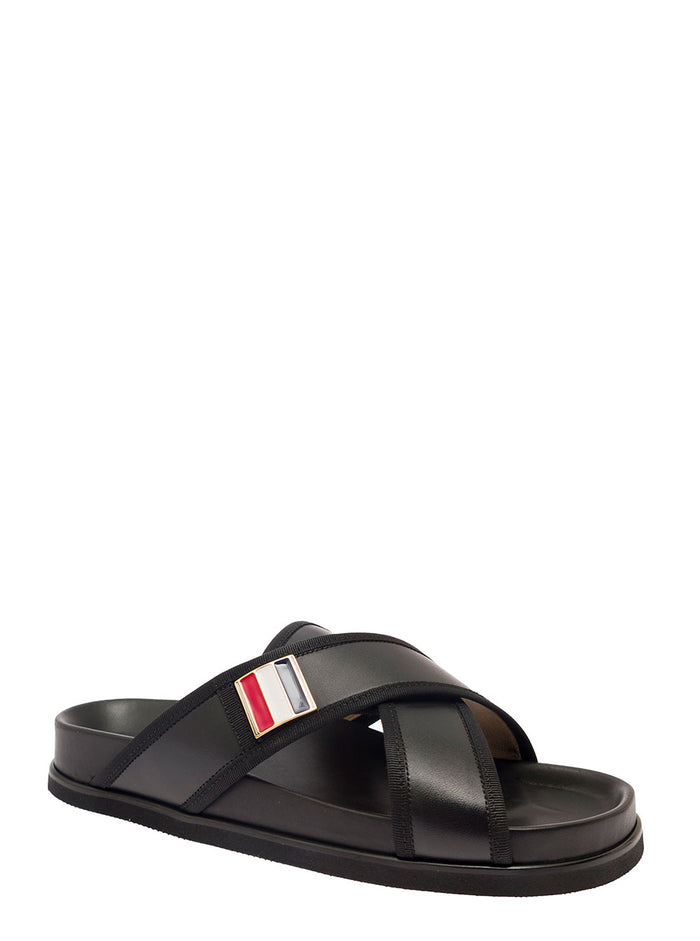 Criss Cross Strap Sandals With Logo Black Leather Man Calf Flat Shoes