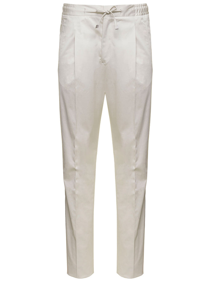 Drawstring Tapered Trousers Beige Cotton Man Grey Elastane