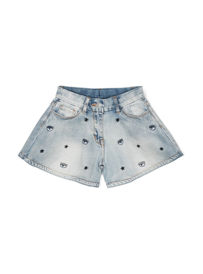 Denim Shorts With All-Over Eyelike Motif Blue Girl Grey Cotone And Bermuda