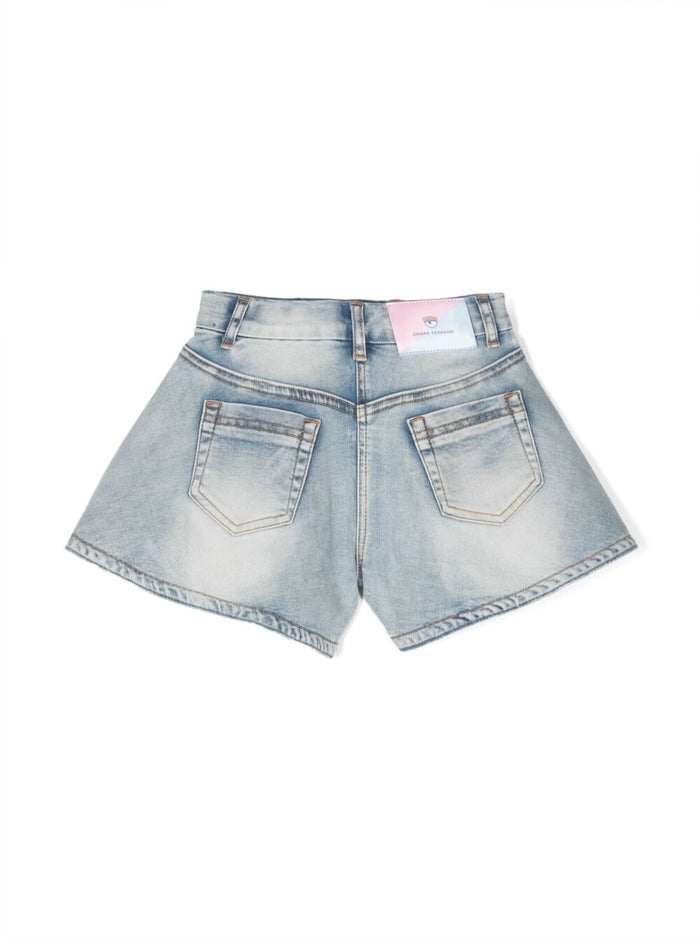 Denim Shorts With All-Over Eyelike Motif Blue Girl Grey Cotone And Bermuda