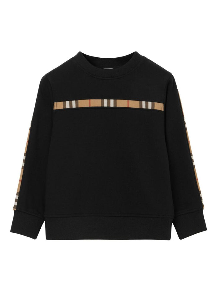 Black Crewneck Sweatshirt With Check Print On The Front And Sleeves Cotton Boy Sweatshirts