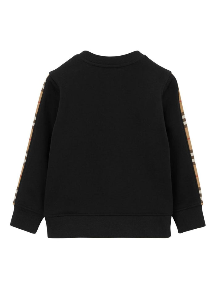 Black Crewneck Sweatshirt With Check Print On The Front And Sleeves Cotton Boy Sweatshirts