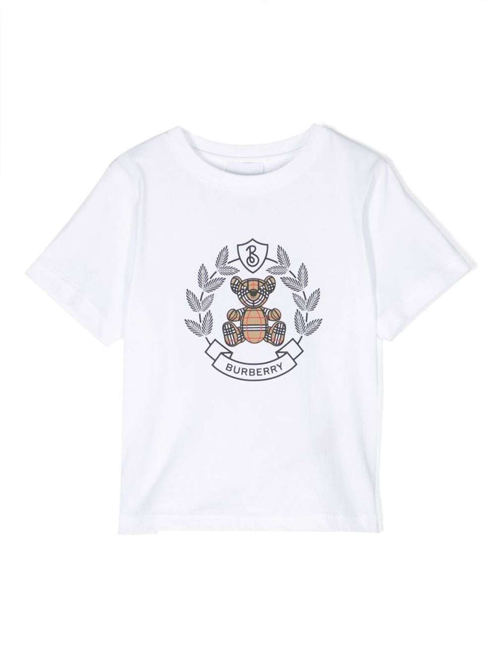 White T-Shirt With Crest Bear Print Cotton Boy Tshirts And Polo Shirts