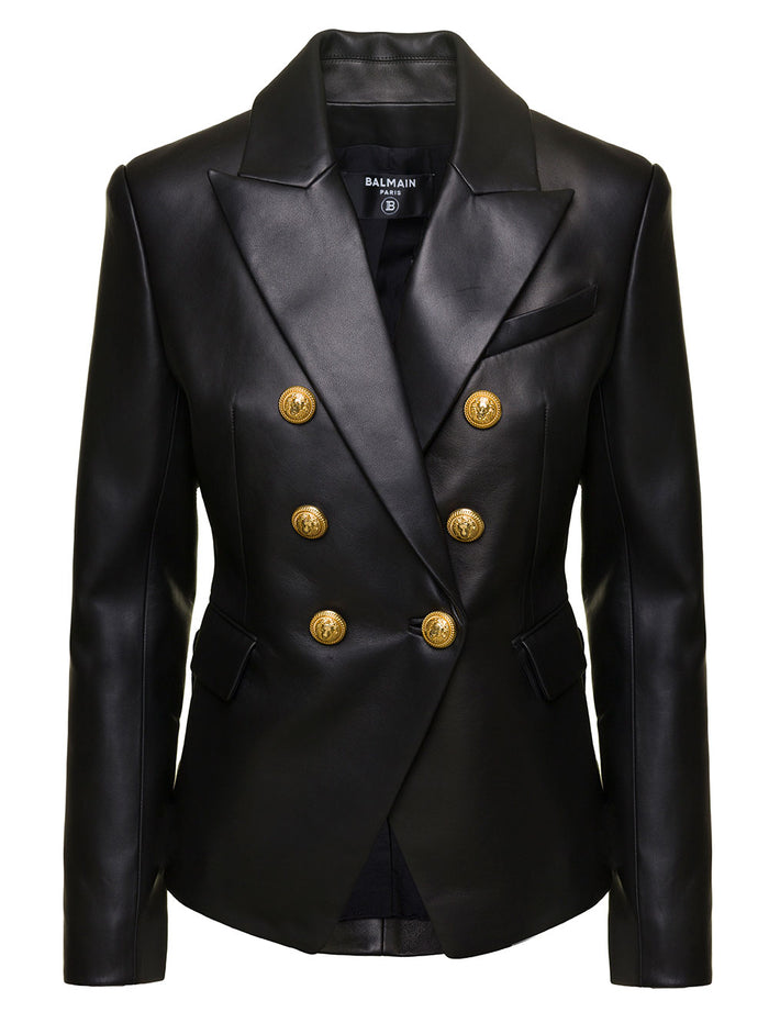 Black Double-Breasted Jacket With Gold-Colored Branded Buttons Soft Leather Woman Lamb Blazers