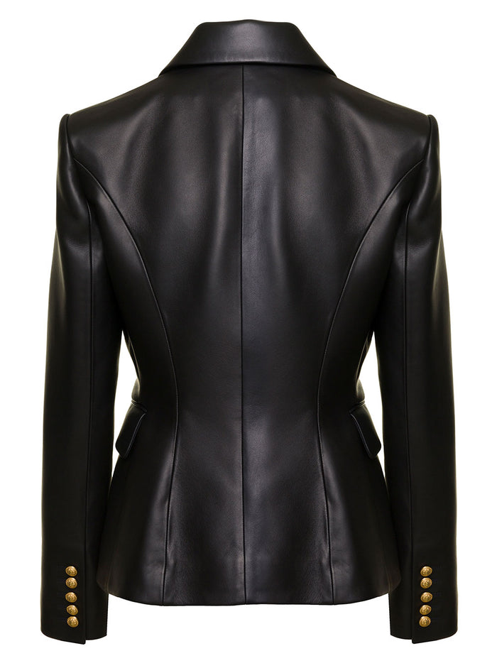 Black Double-Breasted Jacket With Gold-Colored Branded Buttons Soft Leather Woman Lamb Blazers