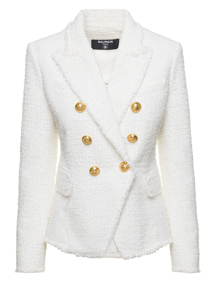 White Double-Breasted Jacket With Gold-Colored Branded Buttons Tweed Woman Polyamide Virgin Wool Cotton Blazers