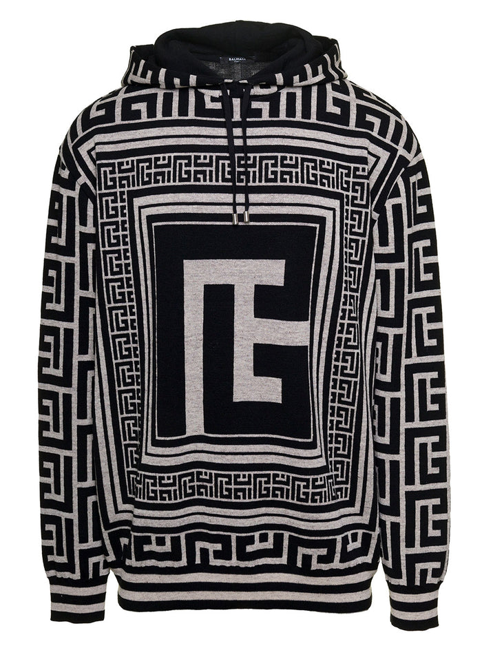 Black And White Hoodie With Maxi Monogram Jacquard Wool Linen Blend Man Polyamide Sweatshirts