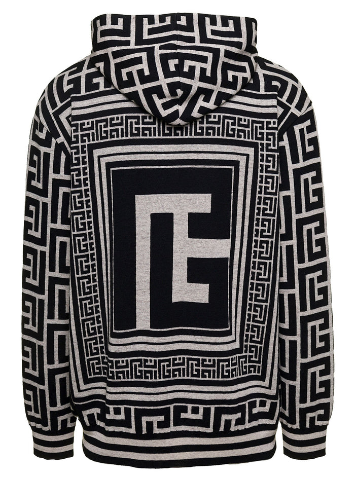 Black And White Hoodie With Maxi Monogram Jacquard Wool Linen Blend Man Polyamide Sweatshirts