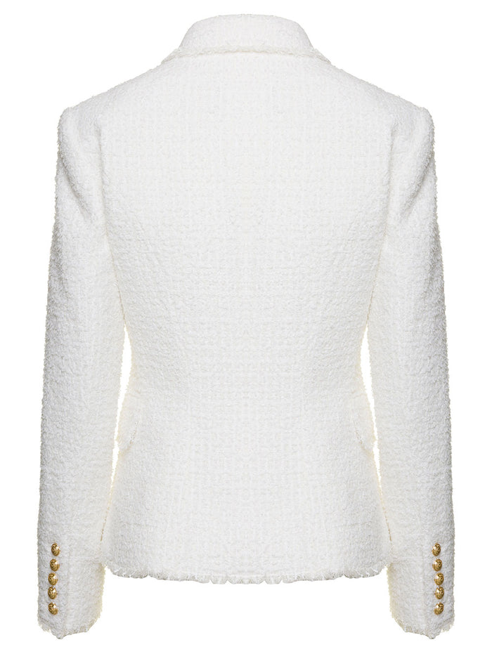 White Double-Breasted Jacket With Gold-Colored Branded Buttons Tweed Woman Polyamide Virgin Wool Cotton Blazers