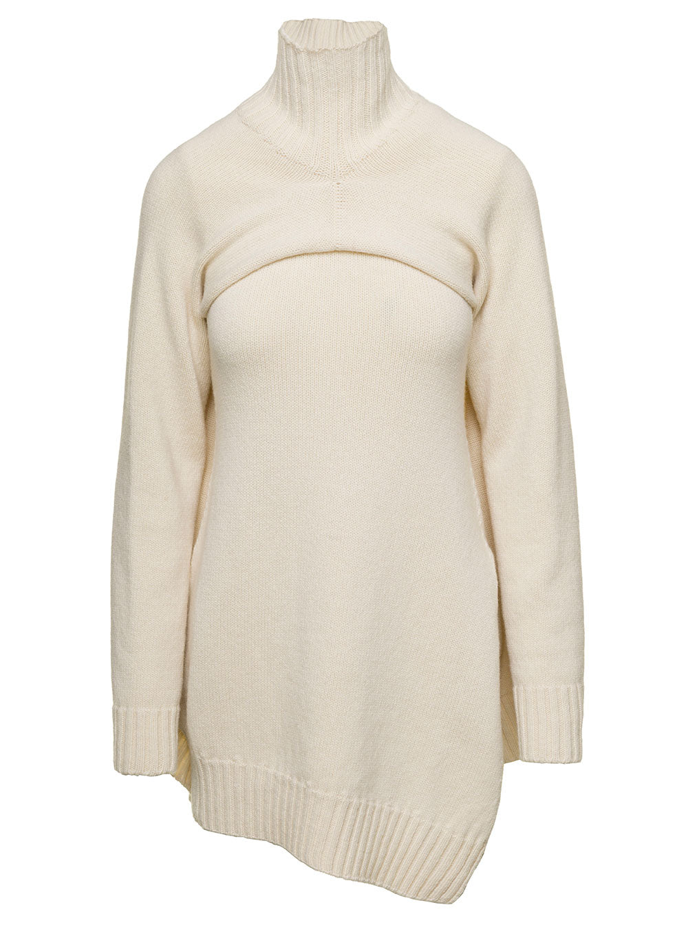 Cream White Two-Piece Sweater With High-Neck Wool Woman Virgin Jersey