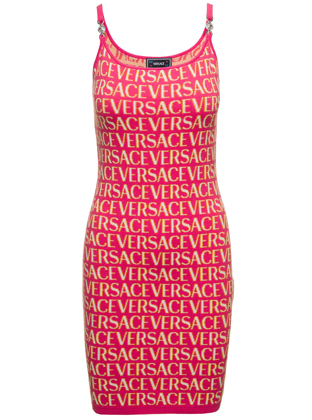 Mini Fuchsia Dress With All-Over Logo Lettering Print And Medusa Detail Cotton Blend Woman Fuxia Viscose
