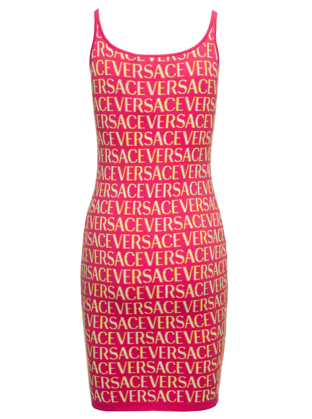 Mini Fuchsia Dress With All-Over Logo Lettering Print And Medusa Detail Cotton Blend Woman Fuxia Viscose
