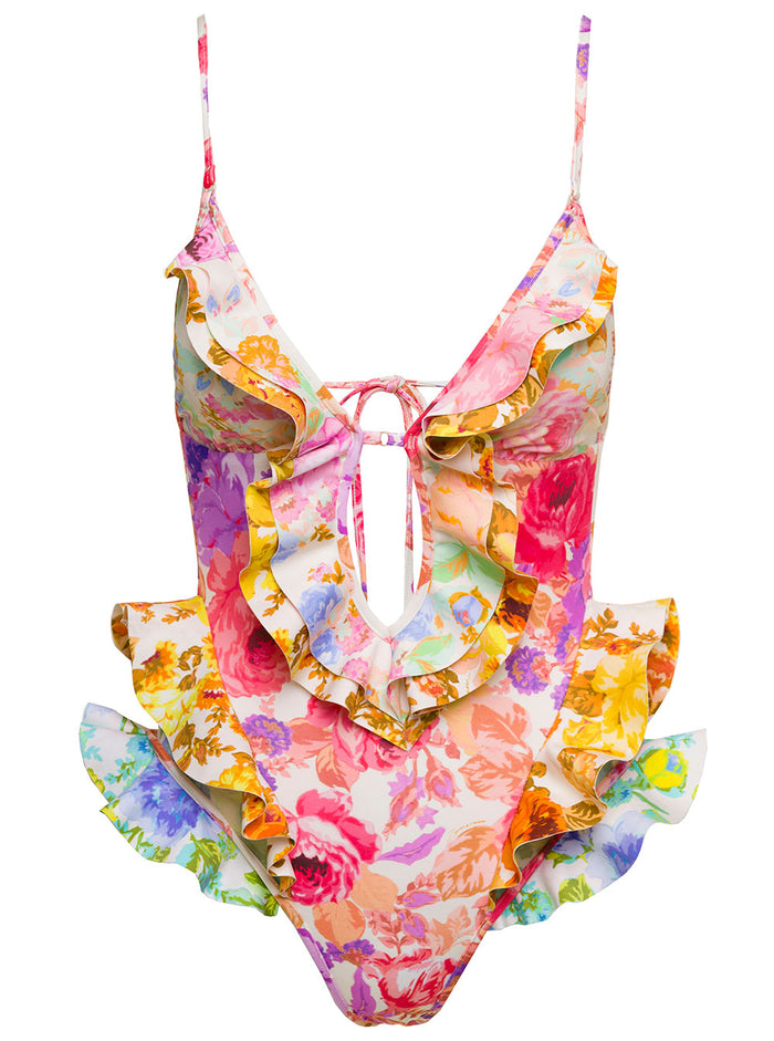 Raje Multicolor One-Piece Swimsuit With Floreal Print And Frills Stretch Polyamide Woman Polyammide Elastan Beachwear