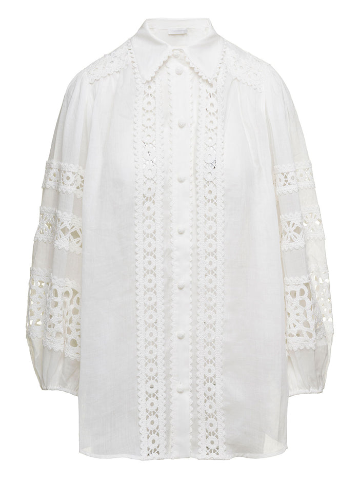 Devi White Shirt With Lace Details Ramie Woman And Blouses