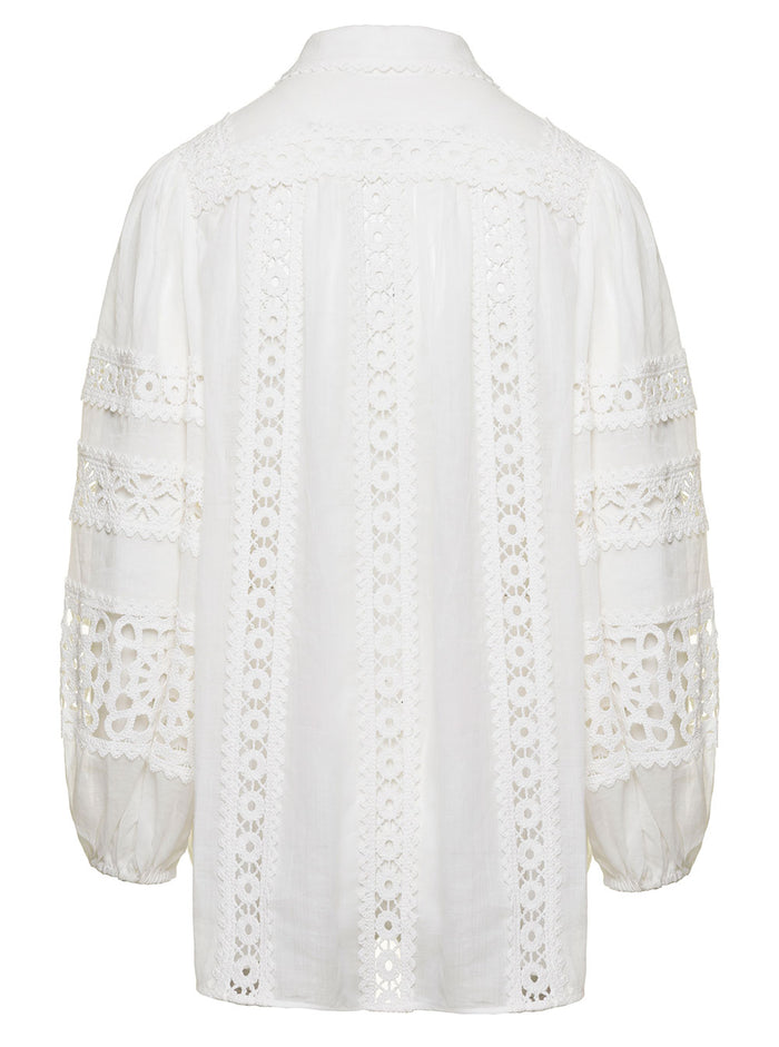Devi White Shirt With Lace Details Ramie Woman And Blouses