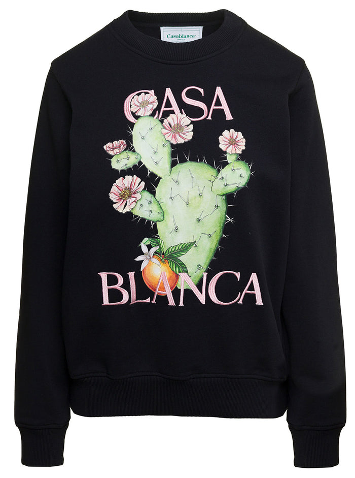 Sweatshirt With Embroidered Logo And Cactus Print Black Cotton Woman Organic Sweatshirts